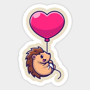 Cute Hedgehog Flying With Love Heart Balloon Cartoon Sticker